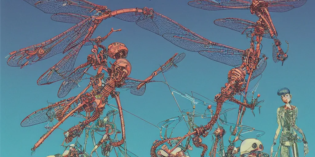 Prompt: gigantic robotic dragonflies with lasers with human faces catch tiny robots, a lot of exotic plants around, big human faces everywhere, risograph by satoshi kon and moebius, no text!, matte bright colors, surreal design, super - detailed, a lot of tiny details, fullshot