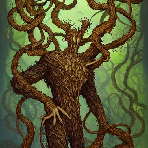 Image similar to anthropomorphic tangle of vines and plant matter. this fantasy creature guards the woods from unwary travelers. similar to a treant or forest spirit. By rebecca guay, by terese nielsen, by aaron miller, by kieran yanner. trending on artstation. 4k resolution.