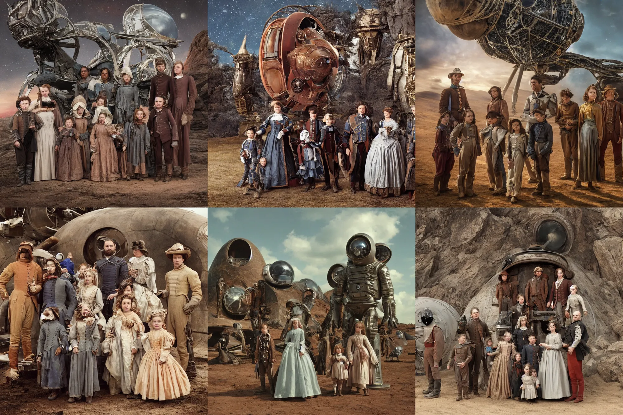 Prompt: highly detailed, 16777216k film still from a sci fi blockbuster color movie made in 2019, set in 1860, of a family standing in front of a spaceship that has just landed on an alien planet, a humanoid alien creature stands nearby, the family are all wearing 1860s era clothes, in focus, good lighting, good photography, ultra high definition