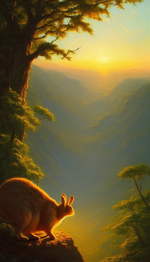 Image similar to hyper realistic rabbit looking off of a cliff, sun setting behind rabbit silhouette, lush forest in valley below, painted by craig mullins, j. c. leyendecker 8 k