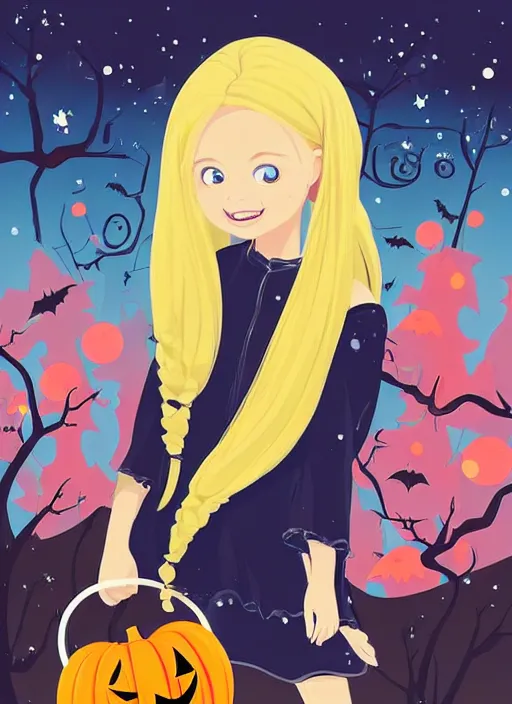 Image similar to three year old girl with long blonde hair in a halloween scene. she is carrying a candy bucket. clean cel shaded vector art. shutterstock. behance hd by lois van baarle, artgerm, helen huang, by makoto shinkai and ilya kuvshinov, rossdraws, illustration, art by ilya kuvshinov