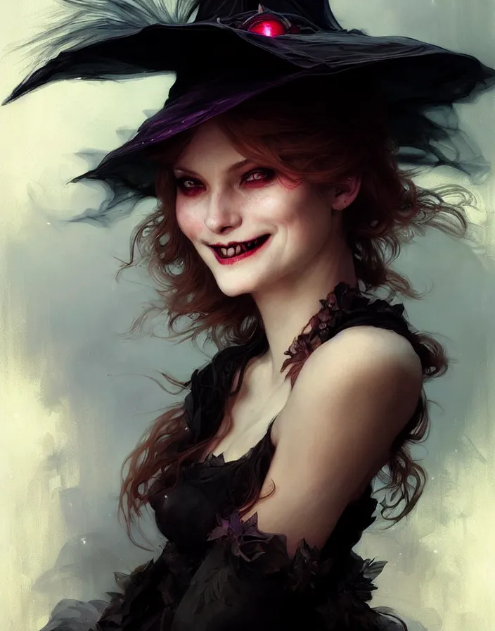 Image similar to halloween witch woman in a hat smiles, fantasy magic by ruan jia, undercut hairstyle, dark light night, intricate, elegant, sharp focus, illustration, highly detailed, digital painting, concept art, matte, art by wlop and artgerm and greg rutkowski and alphonse mucha, masterpiece