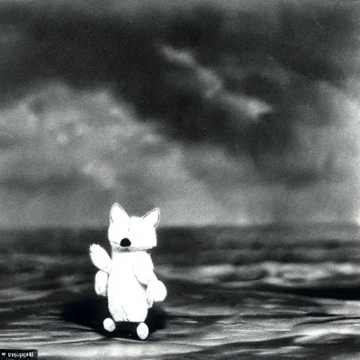 Image similar to anthropomorphic fox multi-jointed puppet who is a medieval knight standing steadfast towards a stormy ocean, 1930s film still