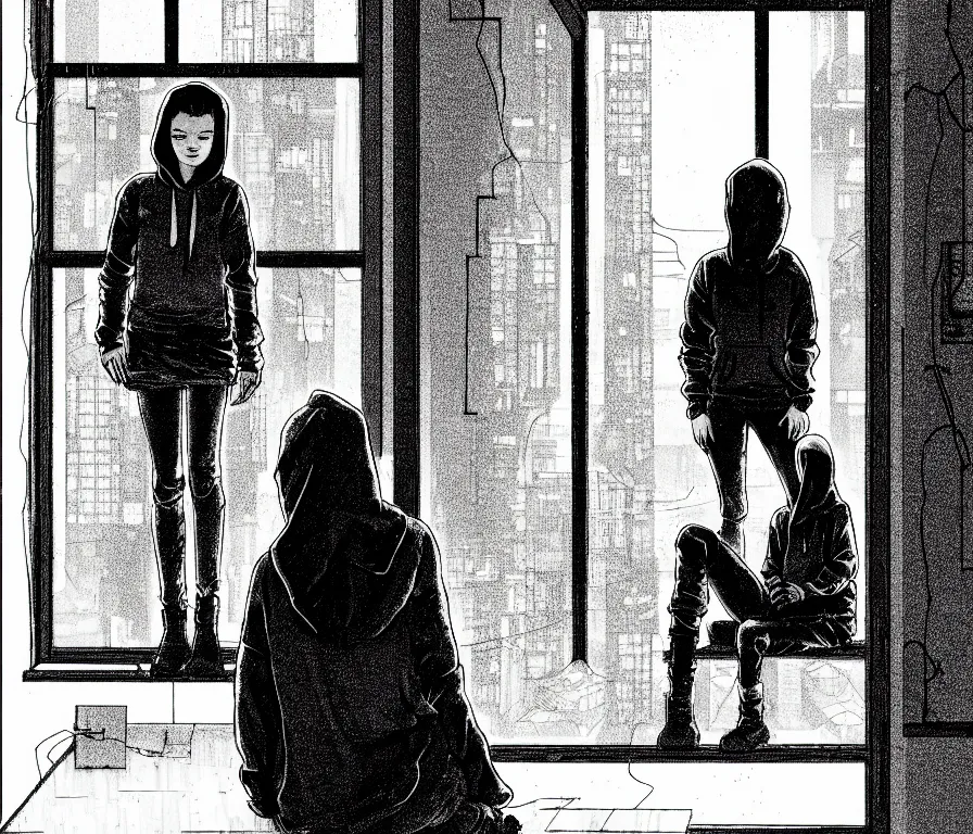 Image similar to sadie sink in hoodie sits on windowsill, knees tucked in | rain falls at night : single storyboard panel, scifi cyberpunk, b & w. by gabriel hardman, joe alves, chris bonura. cinematic atmosphere, detailed and intricate, perfect anatomy