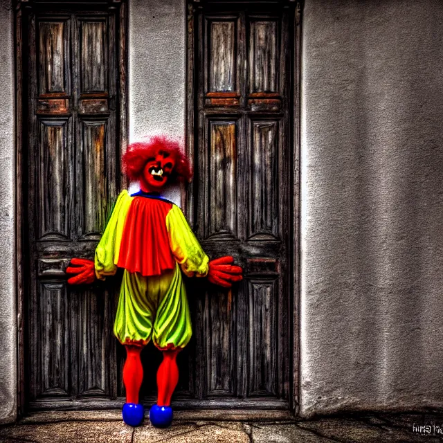 Image similar to creepy clown peering round a doorway, highly detailed, 8 k, hdr, smooth, sharp focus, high resolution, award - winning photo