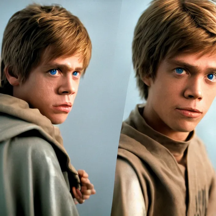 Prompt: epic beautiful one anime pixar young mark hamill as luke skywalker in phonebooth in 1 9 8 5 spikey hair blonde cute hd portrait leica zeiss trending on flickr