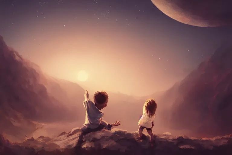 Prompt: a cute little boy and a girl wave their hands, front facing, dreamy matte painting, night time, volumetric lighting, smooth, trending on artstation, moonlit backdrop