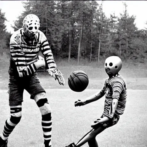 Prompt: Freddy Krueger playing basketball with Jason Voorhees