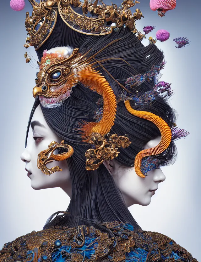 Image similar to 3 d goddess close - up profile portrait with crown, ram skull. beautiful intricately detailed japanese crow kitsune mask and clasical japanese kimono. betta fish, jellyfish phoenix, bio luminescent, plasma, ice, water, wind, creature, artwork by tooth wu and wlop and beeple and greg rutkowski