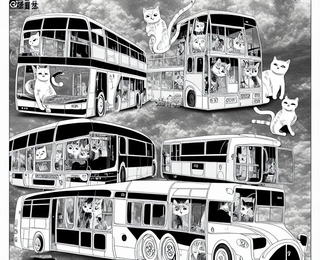 Image similar to Cat transformed into a bus, in the style of Manga, Eichiro Oda, hyper detailed, UHD, 8K details