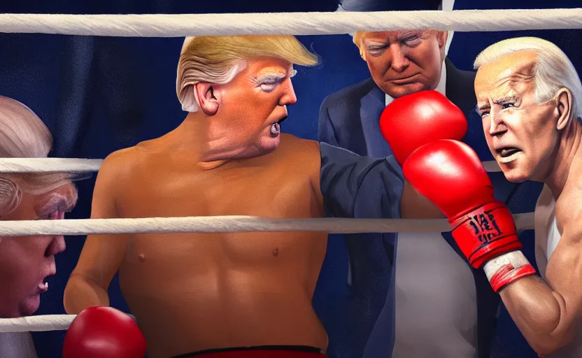 Prompt: a beautiful painting of donald trump and joe biden in a boxing match, cinematic angle, studio lighting, movie concept, trending on artstation, octane render, 8 k, ultra high detail