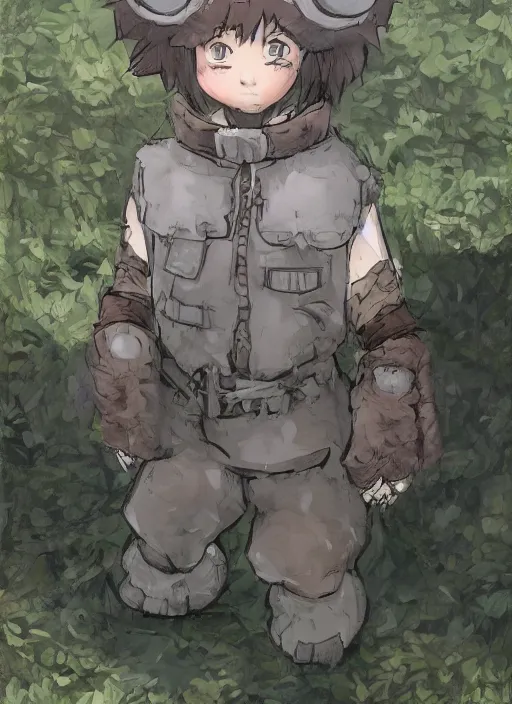 Image similar to beautiful little boy wearing an cyborg bear suit, artwork in kentaro miura and made in abyss and rosdraws, smooth, beautiful lightness, anatomically correct, trending on pixiv, forest