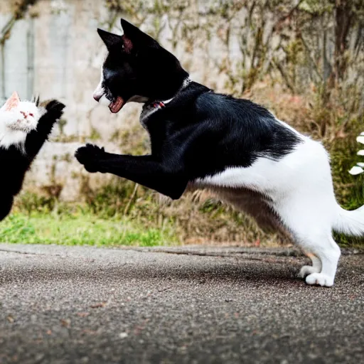 Image similar to a cat fighting a dog, professional photography