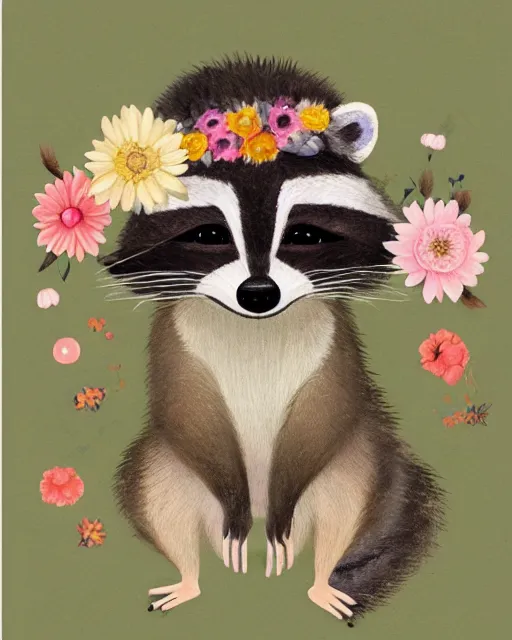 Image similar to a watecolor painting of a smiling happy cute raccoon wearing a flower crown, by antoine de saint - exupery and annabel kidston and naomi okubo and jean - baptiste monge. a child storybook illustration, muted colors, soft colors, low saturation, fine lines, white paper