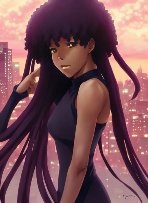 Image similar to beautiful city black woman only, anime style only, shy personality, scenery wallpaper aesthetic, pastel colors only, symmetrical face, cinematic, dramatic, super detailed and intricate, hyper realistic, 4 k render, by artgerm, by kyoung hwan kim, by ralph mcquarrie, by yoshiyuki tomino