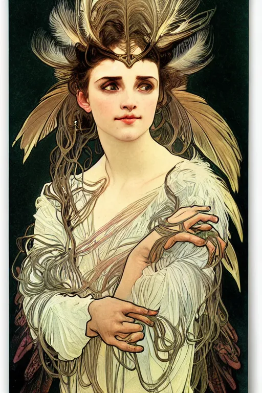 Image similar to head and shoulders portrait of a harpy, eagle wings, feathers, beautiful, female, magical, high fantasy, d & d, by alphonse mucha, face details, extremely detailed, digital illustration