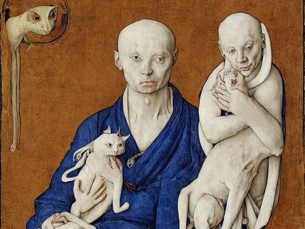 Image similar to Portrait of strange, intense albino, blue-eyed man, blonde, in a white monk robe holding a sphynx cat. Painting by Albrecht Durer, medieval illuminated manuscript