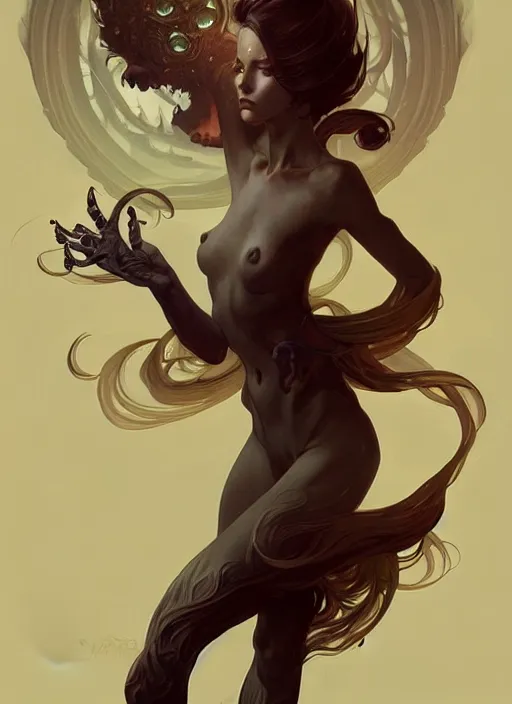 Image similar to a cute shadow elemental, with fingers, fantasy, intricate, elegant, highly detailed, digital painting, artstation, concept art, wallpaper, smooth, sharp focus, illustration, art by artgerm and greg rutkowski and alphonse mucha