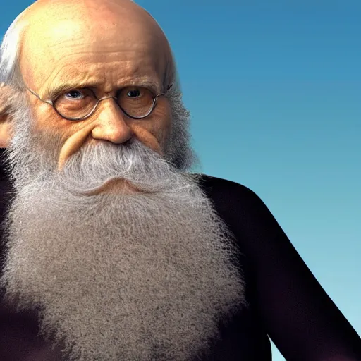 Image similar to charles darwin in a bikini realistic 4 k photograph sunny beach happy