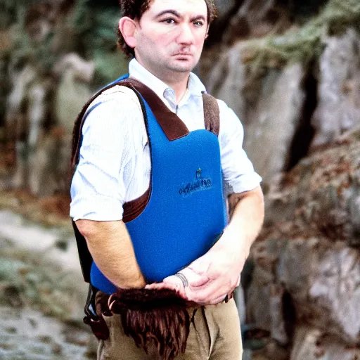 Prompt: close up headshot of a frowning clean shaven pudgy British lad with short curly dark brown hair as a hobbit wearing a white men's crossbody sling chest bag and blue vest, blue vest!! white crossbody chestbag!! high resolution film still, by Lara Jade