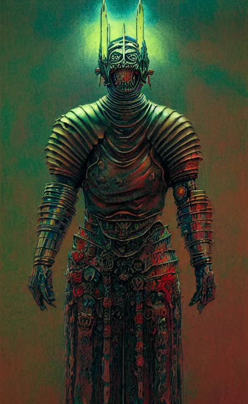 Prompt: an old temple knight in armor, king of hell, inside page of comic book, psychedelic lights and fog, in the style of zdzislaw beksinski, ayami kojima, takato yamamoto, barclay shaw, karol bak, glowing light and shadow, hyperrealist