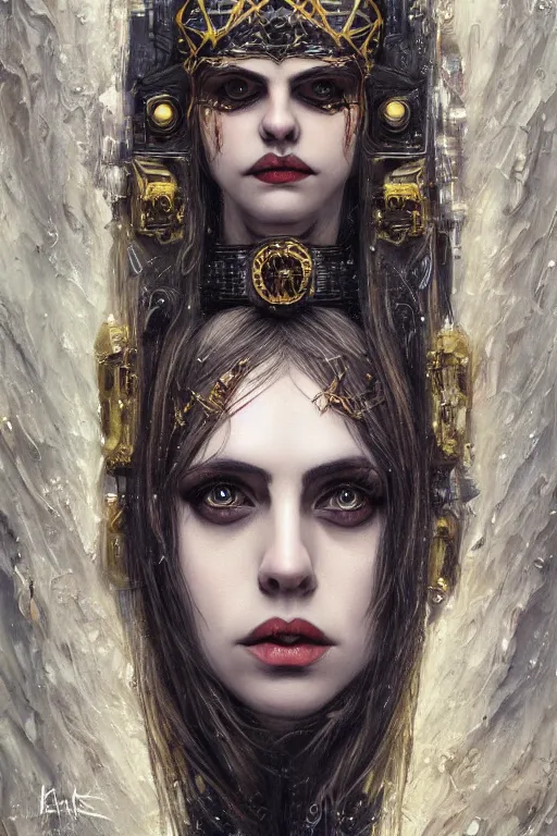 Image similar to portrait of beautiful gothic Alexandra Daddario, cyberpunk, Warhammer, highly detailed, artstation, illustration, art by Gustav Klimt