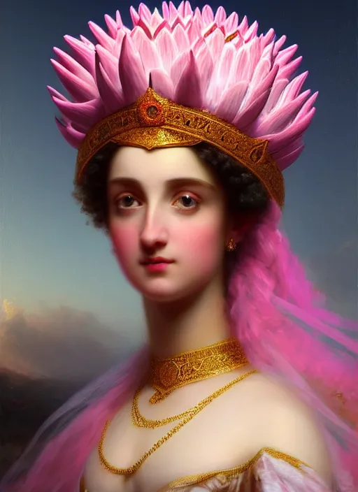 Prompt: stunning arabian godess princess, detailed pink and white protea head peace against a black backdrop by ivan aivazovsky, 3 / 4 view portrait, wlop, super sharp details, photorealism, canon 5 d, 5 0 mm lens, stunning photoshot, beautiful soft lighting, muted colours, artstation