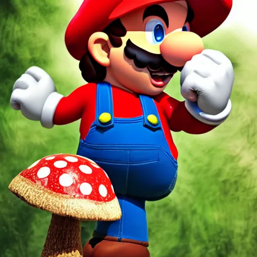 Image similar to photo of real life mario finding a giant mushroom, exhilarated, portrait, closeup. mouth open, 30mm, bokeh