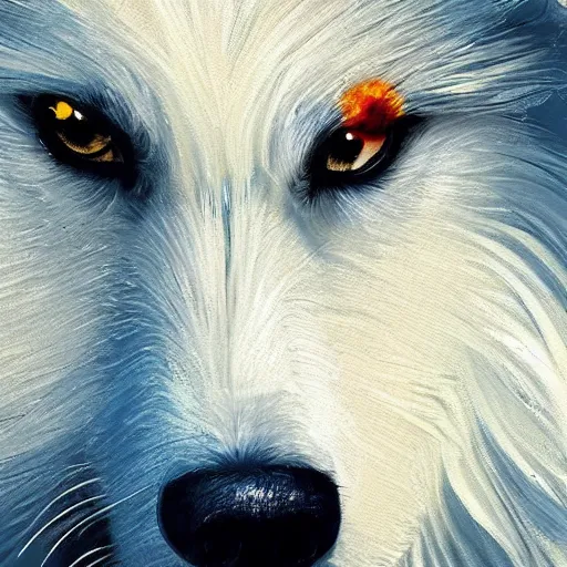 Prompt: A white wolf wearing an eyepatch, portrait, very detailed, artstation, award winning masterpiece, colourful, oil painting