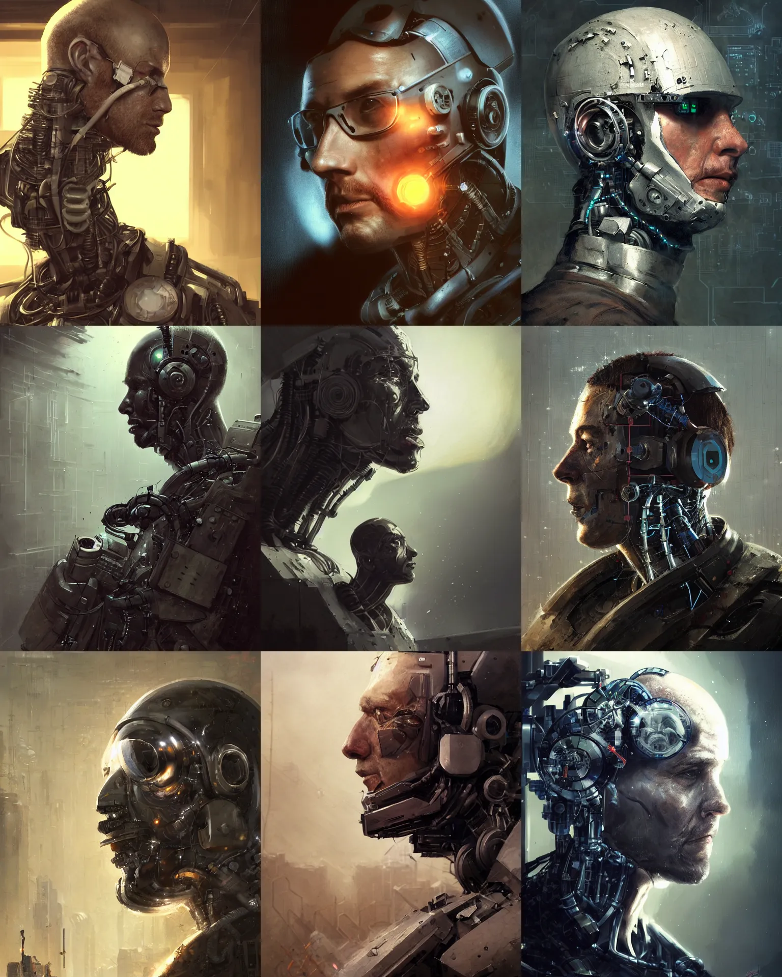 Prompt: a half - masked rugged laboratory engineer man with cybernetic enhancements as seen from a distance, scifi character portrait by greg rutkowski, craig mullins, daytoner, 1 / 4 headshot, cinematic lighting, dystopian scifi gear, gloomy, profile picture, mechanical, cyborg, half robot, implants, dieselpunk