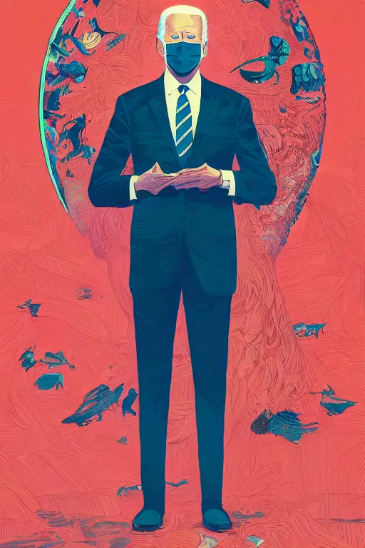 Prompt: supersized portrait of joe biden standing, artstation winner by victo ngai, kilian eng and by jake parker vibrant colors, winning - award masterpiece, fantastically gaudy, aesthetic octane render, 8 k hd resolution