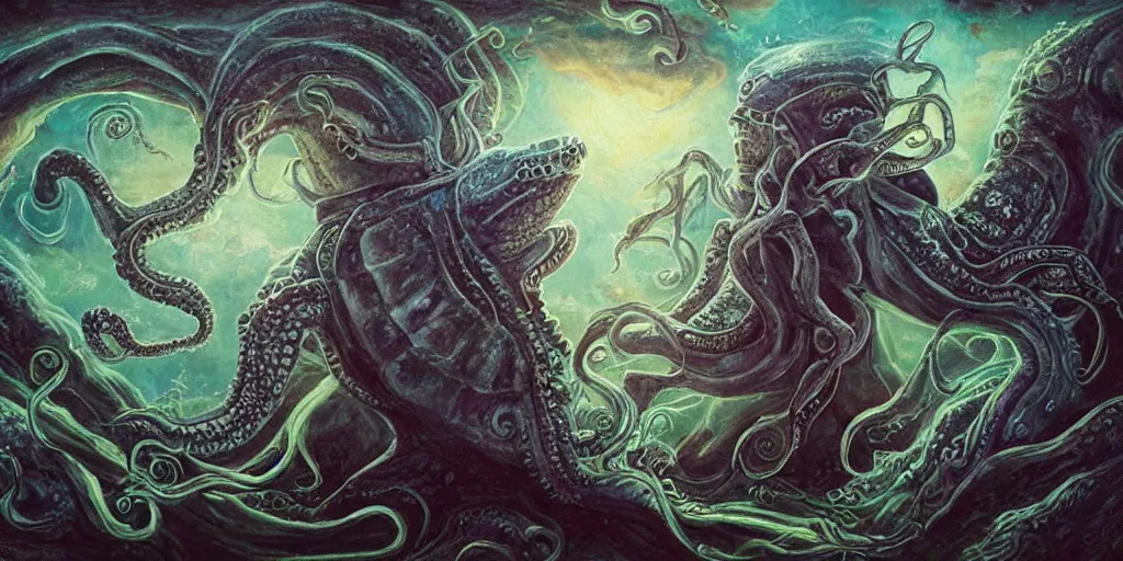 Image similar to Fantasy fairytale style portrait painting, Great Leviathan Turtle, cephalopod, Cthulhu Squid, hybrid, Mythic Island, center Universe, accompany Cory Chase, Blake Lively, Anya_Taylor-Joy, Grace Moretz, Halle Berry, Mystical Valkyrie, Anubis-Reptilian, Atlantean Warrior, hybrid, intense fantasy atmospheric lighting, hyperrealistic, William-Adolphe Bouguereau, François Boucher, Michael Cheval, Oil Painting, Cozy, hot springs hidden Cave, candlelight, natural light, lush plants and flowers, Spectacular Mountains, bright clouds, luminous stellar sky, outer worlds, Jessica Rossier, michael whelan, Solar Flare HD,