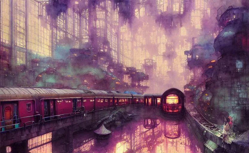 Image similar to an urban train rides inside of a waterway on a fantasy city. intricate, amazing composition, colorful watercolor, by ruan jia, by maxfield parrish, by marc simonetti, by hikari shimoda, by robert hubert, by zhang kechun, illustration, gloomy