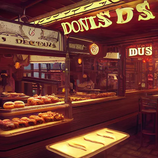 Prompt: Donuts on display at a USA western saloon in the 1800s, robot barkeep, muted cyberpunk style, tranquil, busy but lonely, atmospheric, hazy, sweltering, autochrome, 8k, reflections, octane render, unreal engine 5