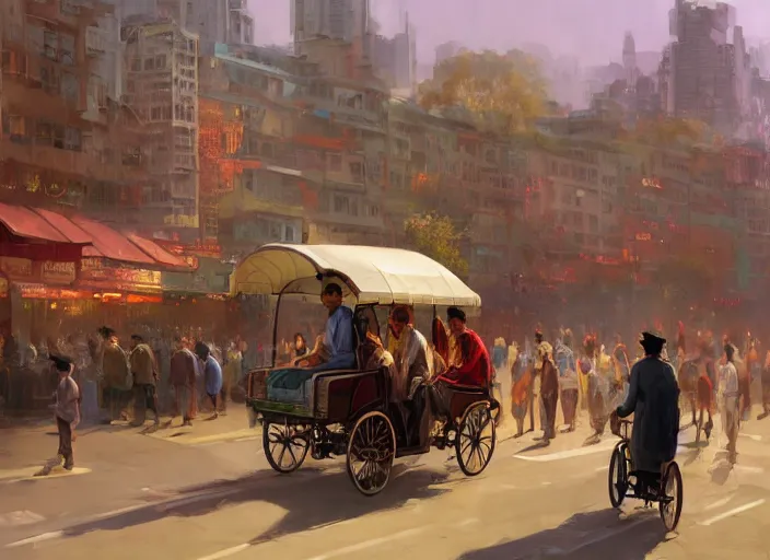 Image similar to an oligarch riding rickshaw-wagon being pulled by crowd of tired poor people in a Mandelbrot fractal modern city by Craig Mullins, ilya kuvshinov, krenz cushart, artgerm trending on artstation by Edward Hopper and Dan Mumford and WLOP and Rutkovsky, Unreal Engine 5, Lumen, Nanite