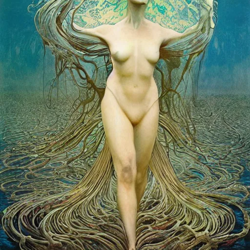 Prompt: queen of neptune by zdzisław beksinski, iris van herpen, raymond swanland, alexander mcqueen and alphonse mucha. highly detailed, hyper - real, beautiful