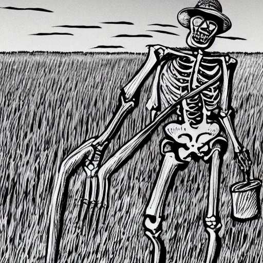 Prompt: a farmer skeleton working his field, soviet propaganda - n 3