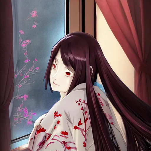 Prompt: advanced digital anime art, photograph , elegant woman with silver and red eyes wearing a kimono and cutting long black hair with a katana while looking into the reflection of a glass window, painted by RossDraws in the style of Makoto Shinkai, very high detail, medium sensor , Gaussian blur, f/stop, 35mm —W 1920 —H 1080