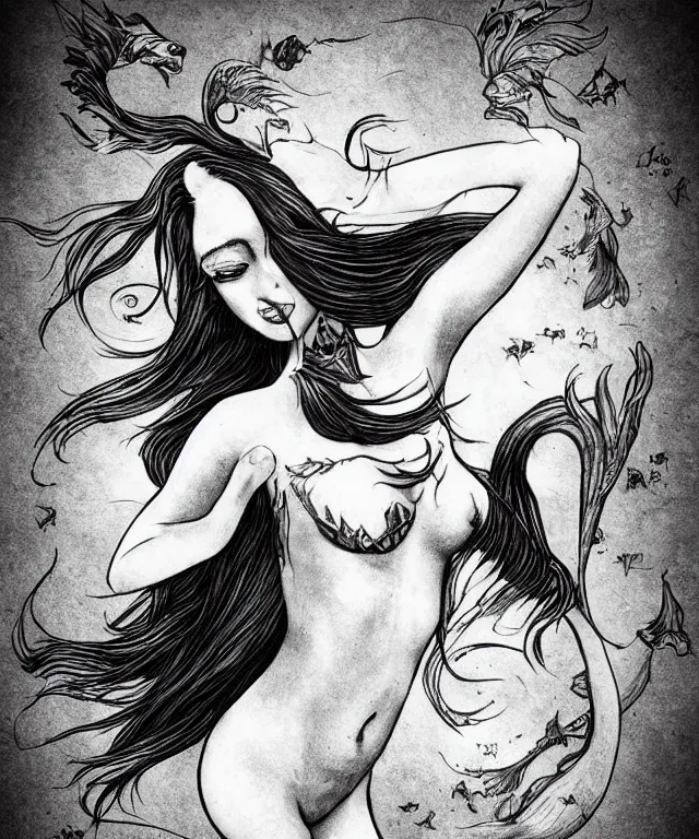 Image similar to black and white illustration, creative design, dark fantasy, tattoo design, beautiful mermaid, full body, swimming in ocean, fish tail bikini top flowing hair