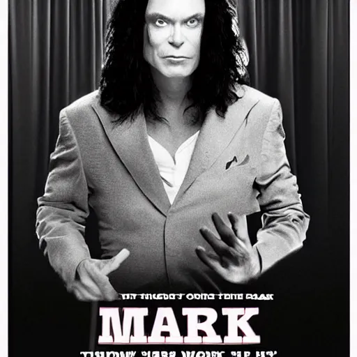 Image similar to tommy wiseau from the room ( 2 0 0 3 ) with the words'oh hi mark'written, poster, perfect kerning