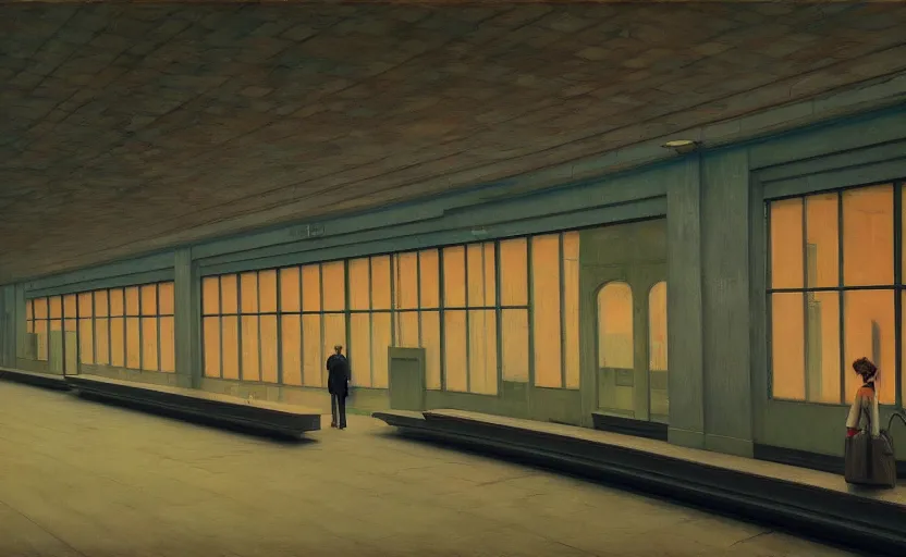 Prompt: Inside a train station, Edward Hopper and James Gilleard, Zdzislaw Beksinski, Mark Ryden, Wolfgang Lettl highly detailed, hints of Yayoi Kasuma