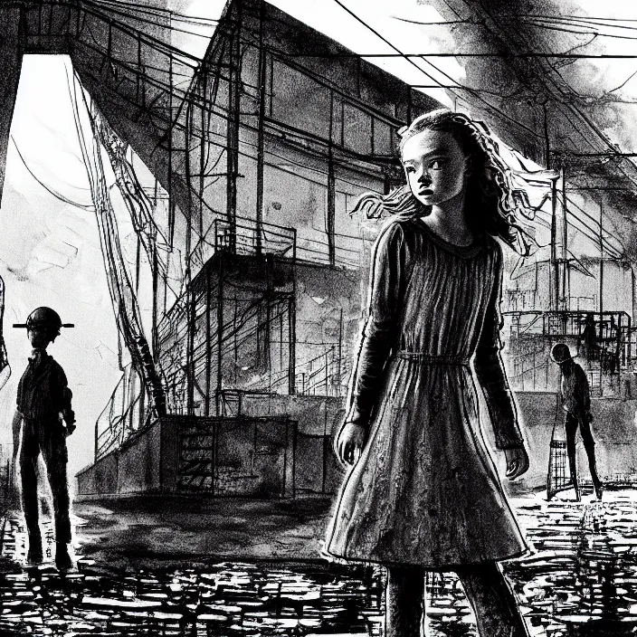 Prompt: sadie sink in dirty work clothes waves goodbye to workmen. background : factory, dirty, polluted. technique : black and white pencil and ink. by gabriel hardman, joe alves, chris bonura. cinematic atmosphere, detailed and intricate, perfect anatomy