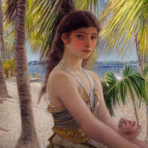 Image similar to a ultradetailed beautiful painting of a girl in the amazonas palace balustrade designed by jules bastien - lepage, hans belmer, frank weston and gustave baumann, beach, trending on artstation, mediterranean, palm trees, detailed face, sharp focus, soft light, 8 k 4 k