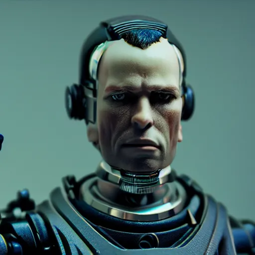 Image similar to cyborg andrew tate miniature, 8k, cinematic perspective, movie shot, studio