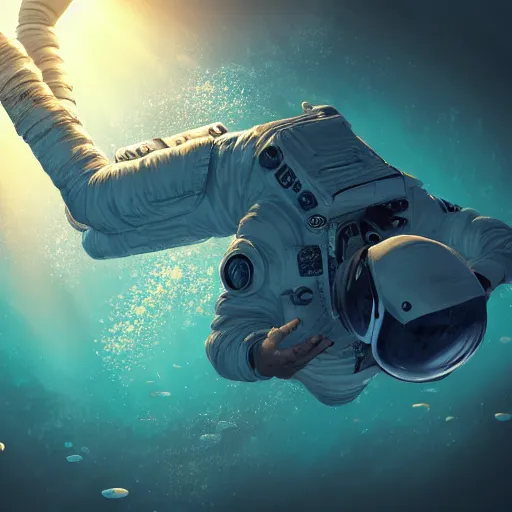 Image similar to an astronaut floating horizontally in the middle of deep underwater being hit by sun rays, trending on art station, atmosphere, concept art, photo realistic, high detailed