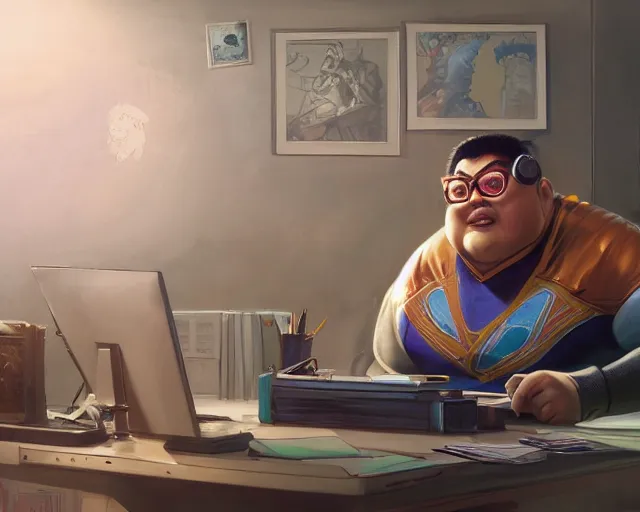 Image similar to an insanely detailed painting of a slightly chubby, nerdy asian man wearing a superhero costume, sitting at a desk, staring at the nervously at the computer and typing, in the style of peter mohrbacher, dramatic lighting and composition, octane render, pixar, trending on artstation, concept art, comic book, view from behind