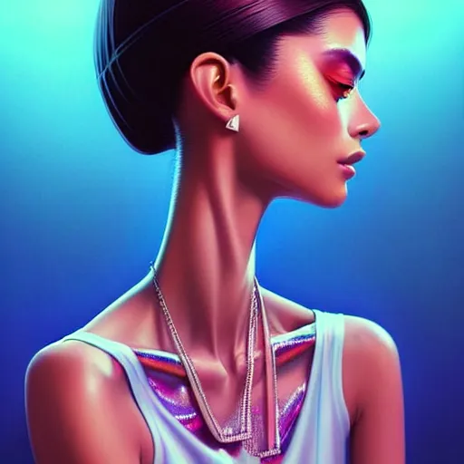 Image similar to a beautiful skinny latina wearing fashionable dress with head tilted back, focus close on eyes realistic skin texture, eighties holographic art by ilya kuvshinov lois van baarle ross tran range murata artgerm katsuhiro otomo norman rockwell, highly detailed intricately sharp focus, bedroom eyes trending on pinterest vogue italia unreal engine 5, 4 k uhd image