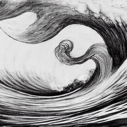 Image similar to an beautiful painting of one single hawaiian wave painted by albrecht durer, monochromatic color scheme, high detail, breathtaking wave, lineart!, line art, soft colors, simplicity, charcoal drawing