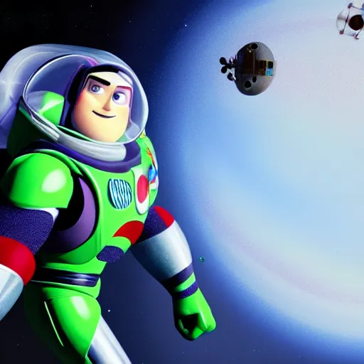 Image similar to a photorealistic photograph of a knitted Buzz Lightyear as Captain America flying through outer space featuring shield Trending on Artstation, featured on Behance, well-rendered, Unreal Engine, 4K HD