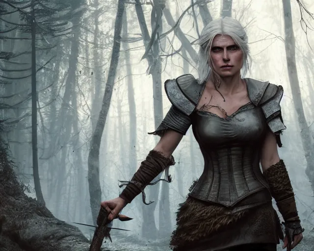 Image similar to 5 5 mm portrait photo of a real life tough looking freya allen as ciri in brown leather armor with silver hair and a large scar along her left cheek, in a magical forest. dark atmosphere. art by greg rutkowski. highly detailed 8 k. intricate. lifelike. soft light. nikon d 8 5 0.